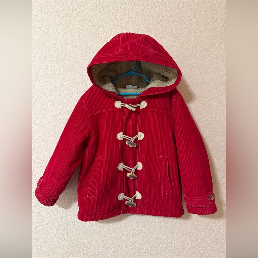 Hanna Andersson Size 110 US 5 Red Corduroy Hooded‎ Coat Faux Sherpa Toggles Zip